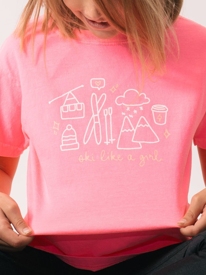 Ski Like A Girl Youth Neon Pink Whimsy Ski Tee - Heyday