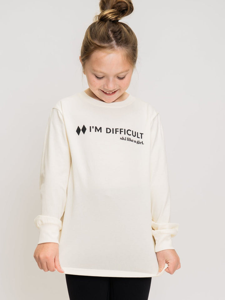 Ski Like A Girl Youth White I'm Difficult Long Sleeve Tee - Heyday