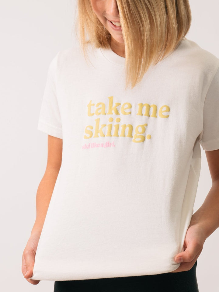 Ski Like a Girl Youth White Take Me Skiing Short Sleeve Tee - Heyday