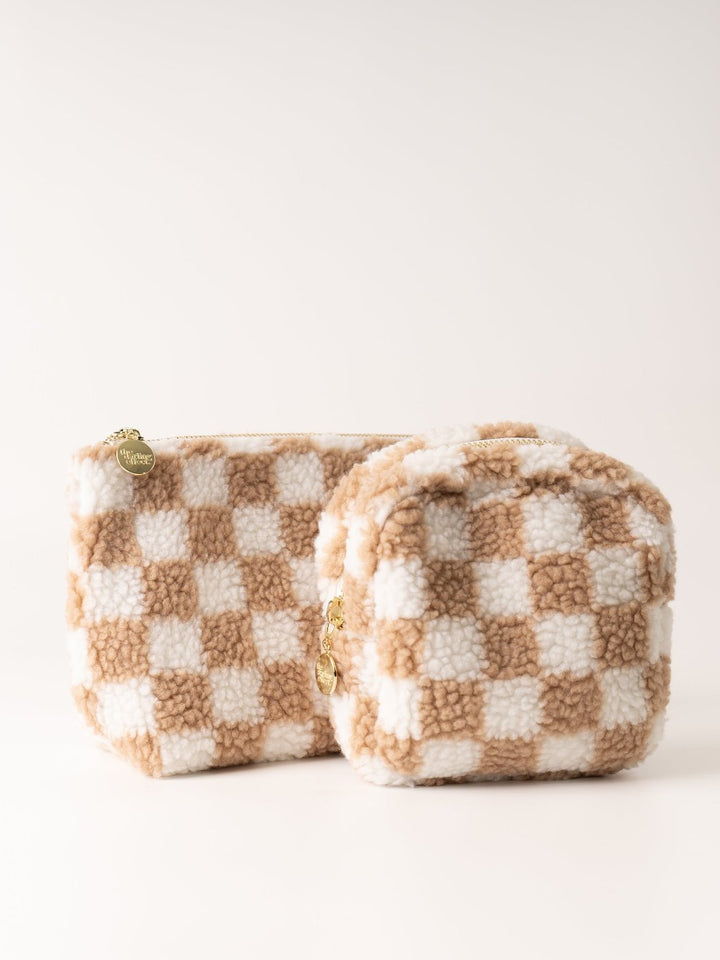 Tan Check Square Teddy Pouch - Heyday