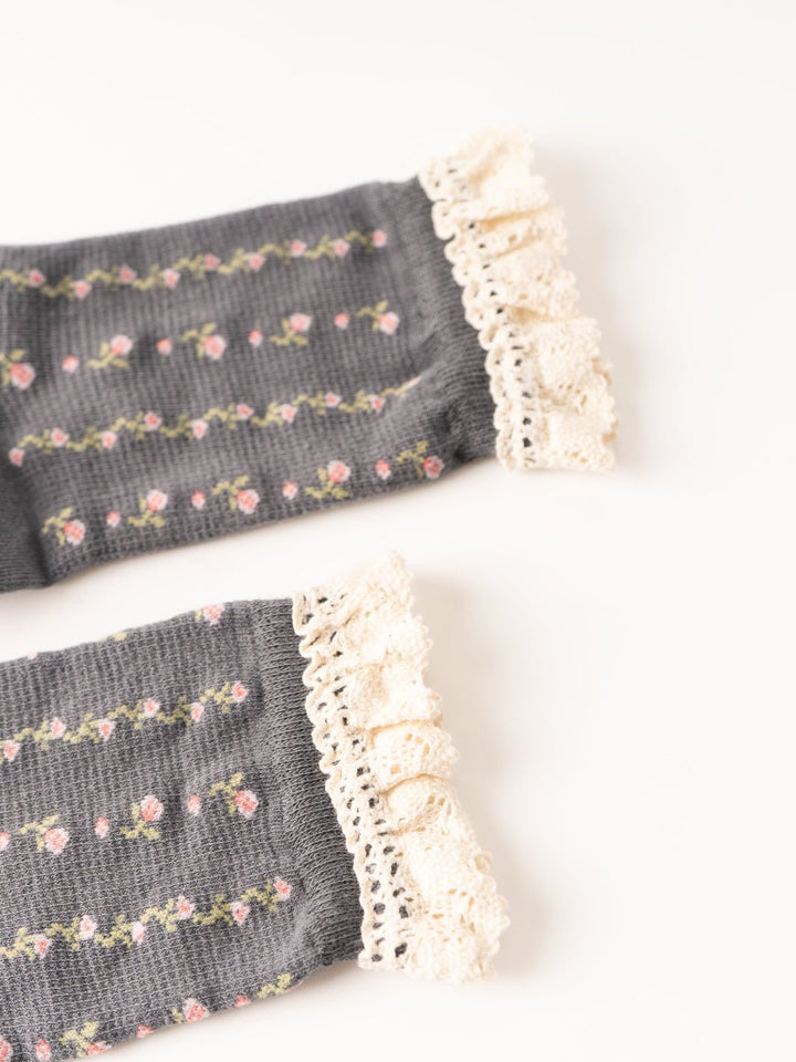 Women's Charcoal Floral Print Crochet Trim Socks - Heyday