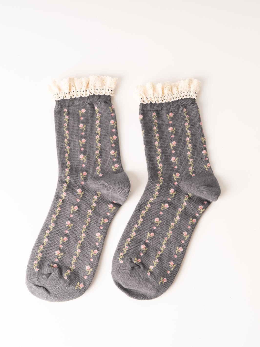 Women's Charcoal Floral Print Crochet Trim Socks - Heyday
