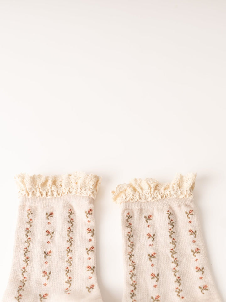 Women's Cream Floral Print Crochet Trim Socks - Heyday