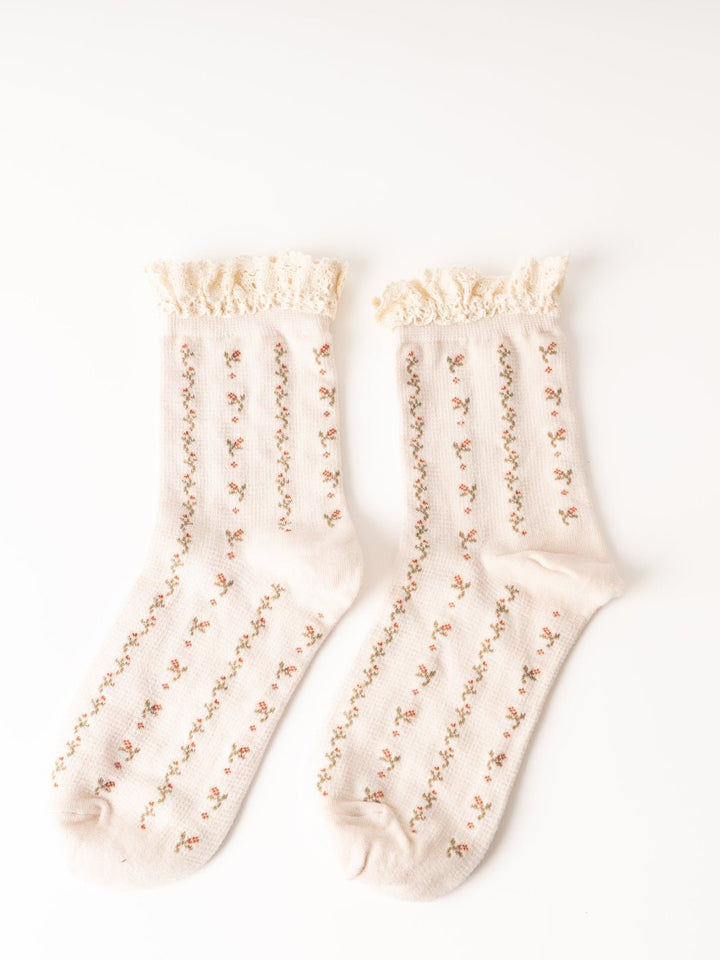 Women's Cream Floral Print Crochet Trim Socks - Heyday