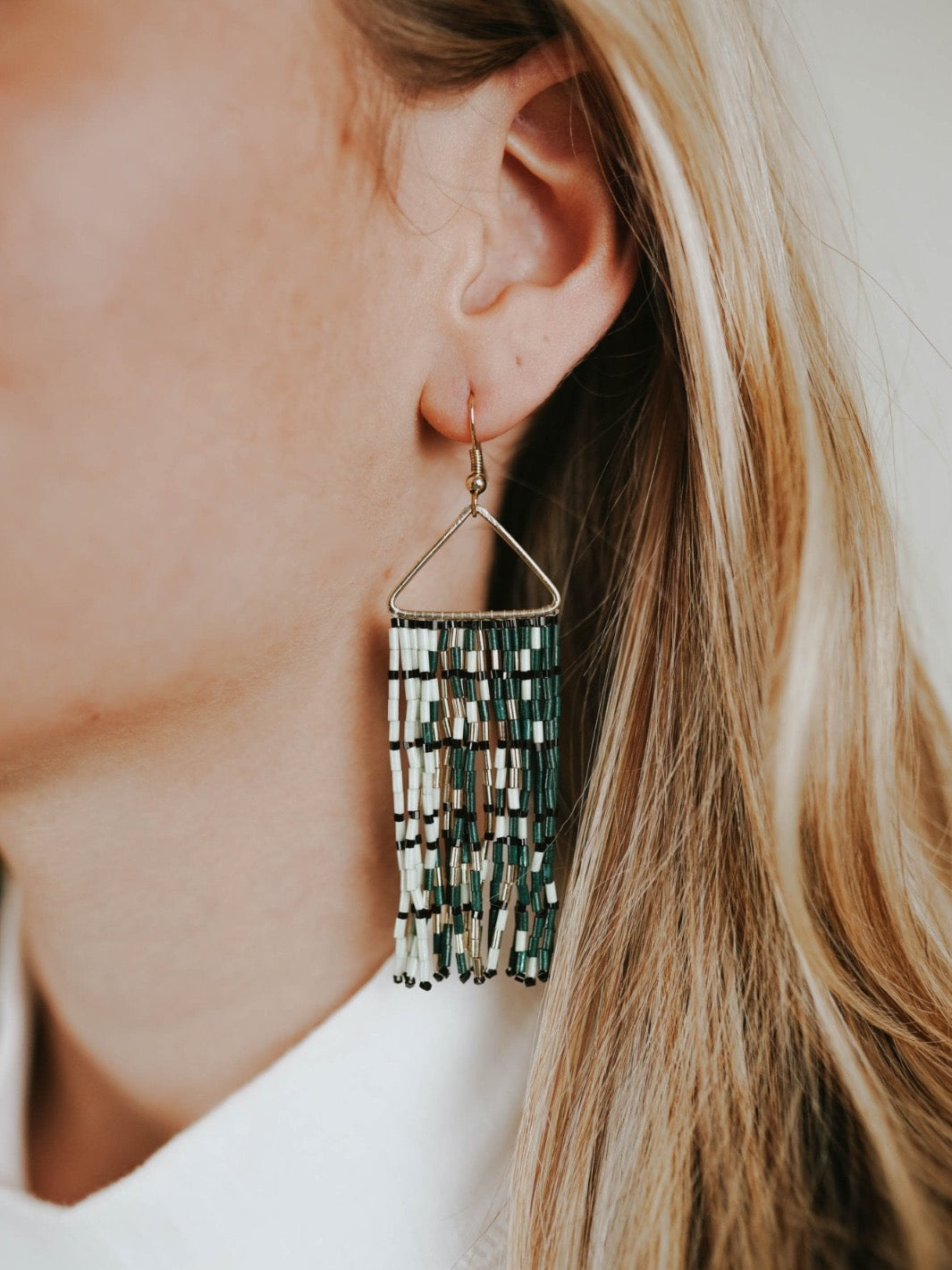 Emerald + Gold Triangle Fringe Earrings - Heyday