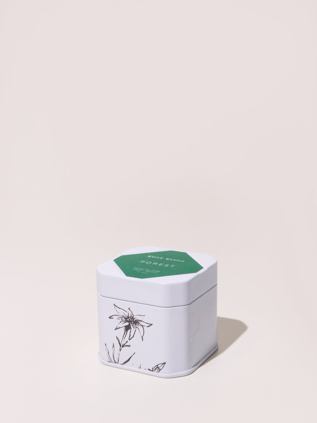 Forest Travel Tin Candle - White square candle with drawn flowers and green label