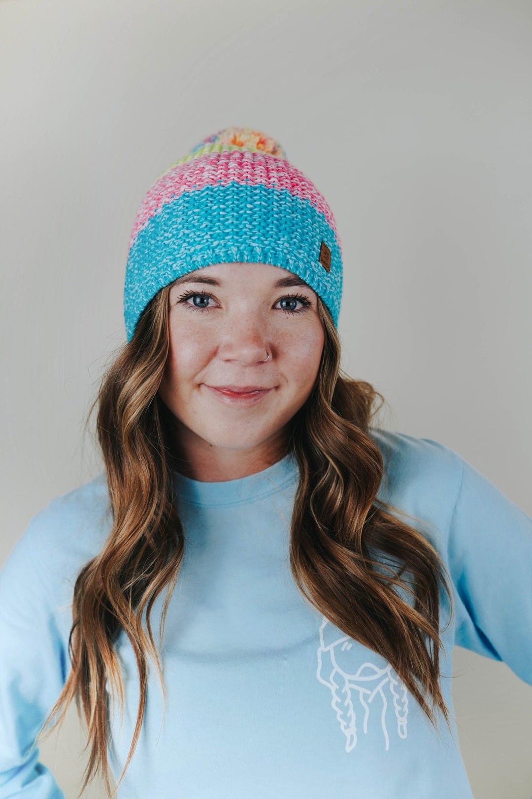 Pink + Light Blue Knit Beanie - Heyday