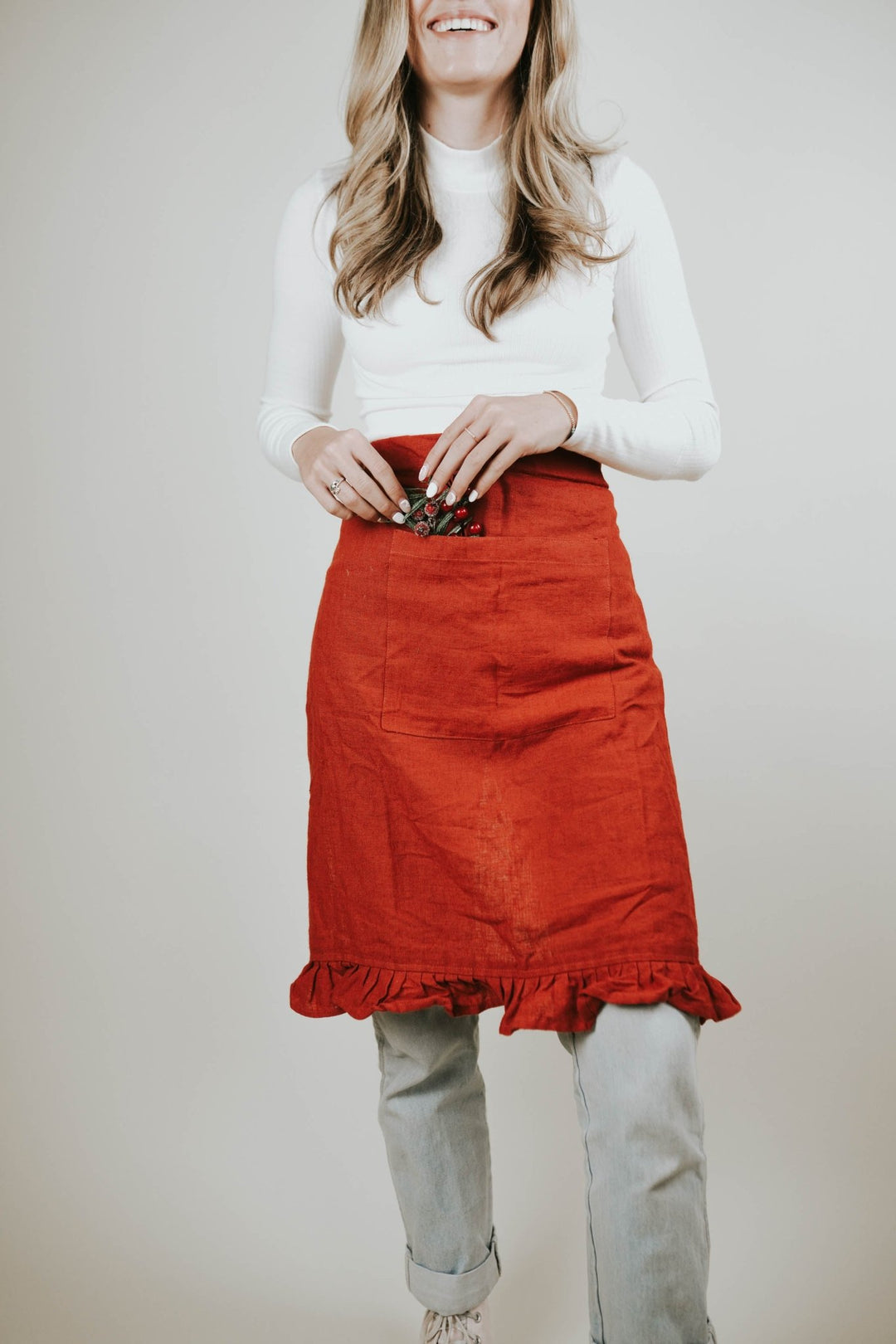 Red Linen Ruffle Apron - Heyday