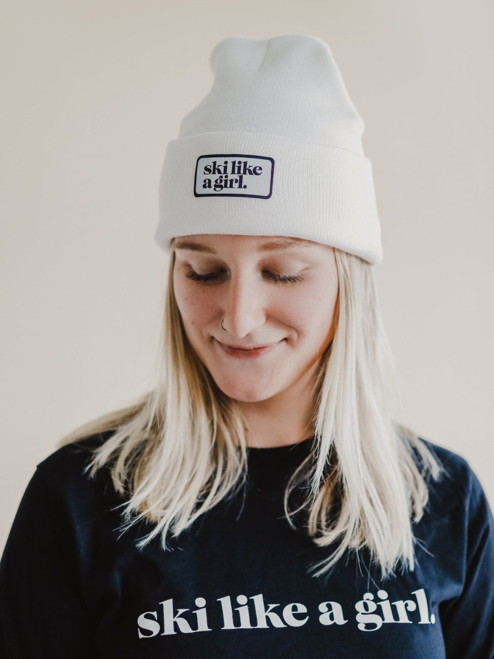 Ski Like a Girl White Ribbed Beanie - Heyday